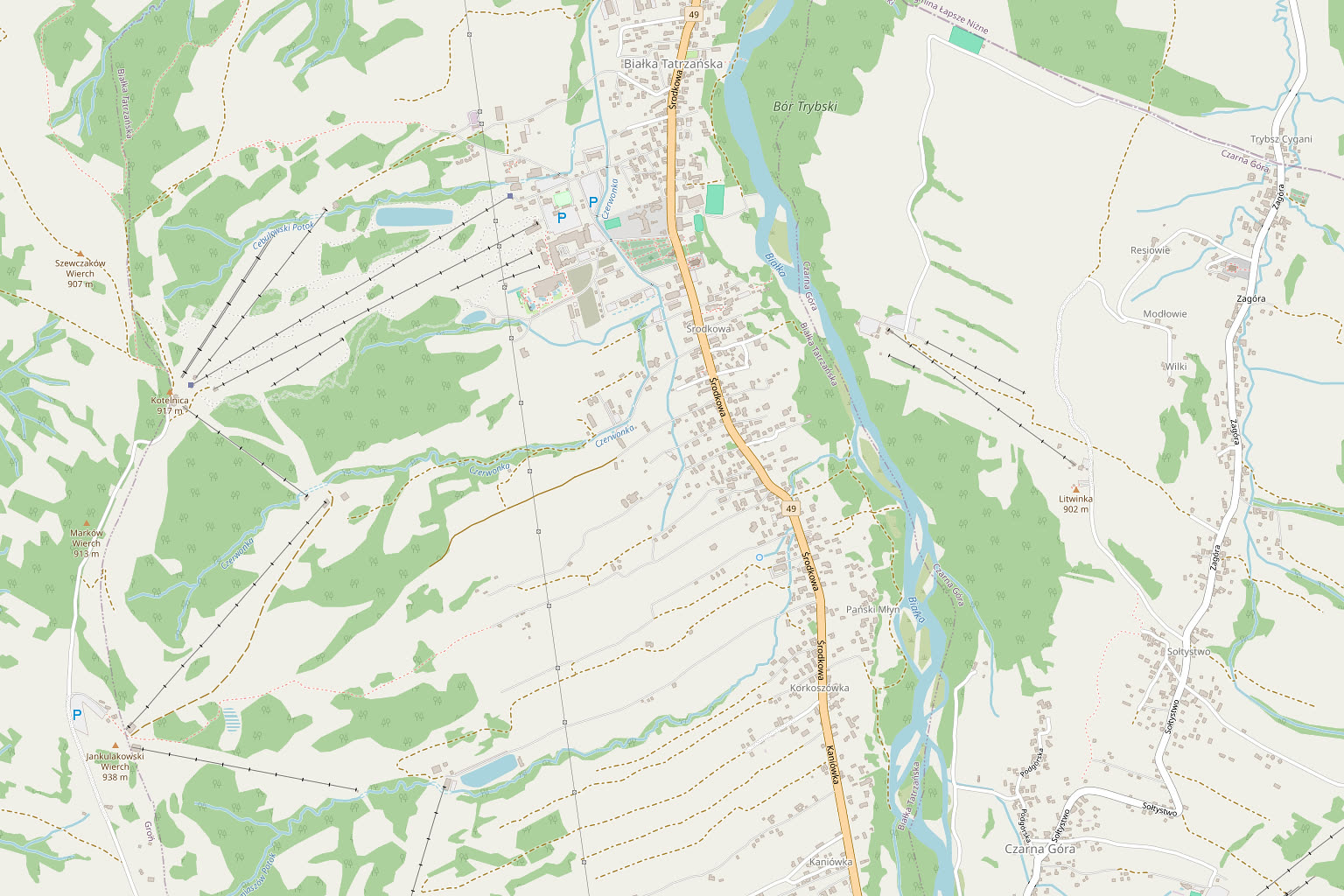 Mapa Białki Tatrzańskiej z zaznaczonym położeniem Domu Wypoczynkowego Maria Szumal przy ulicy Środkowej