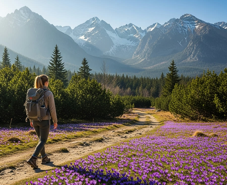 Turystka na szlaku wśród kwitnących krokusów, w tle Tatry